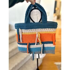 The Sak Orange & Blue Stripe Crochet & Tassel Knit Tote Bag